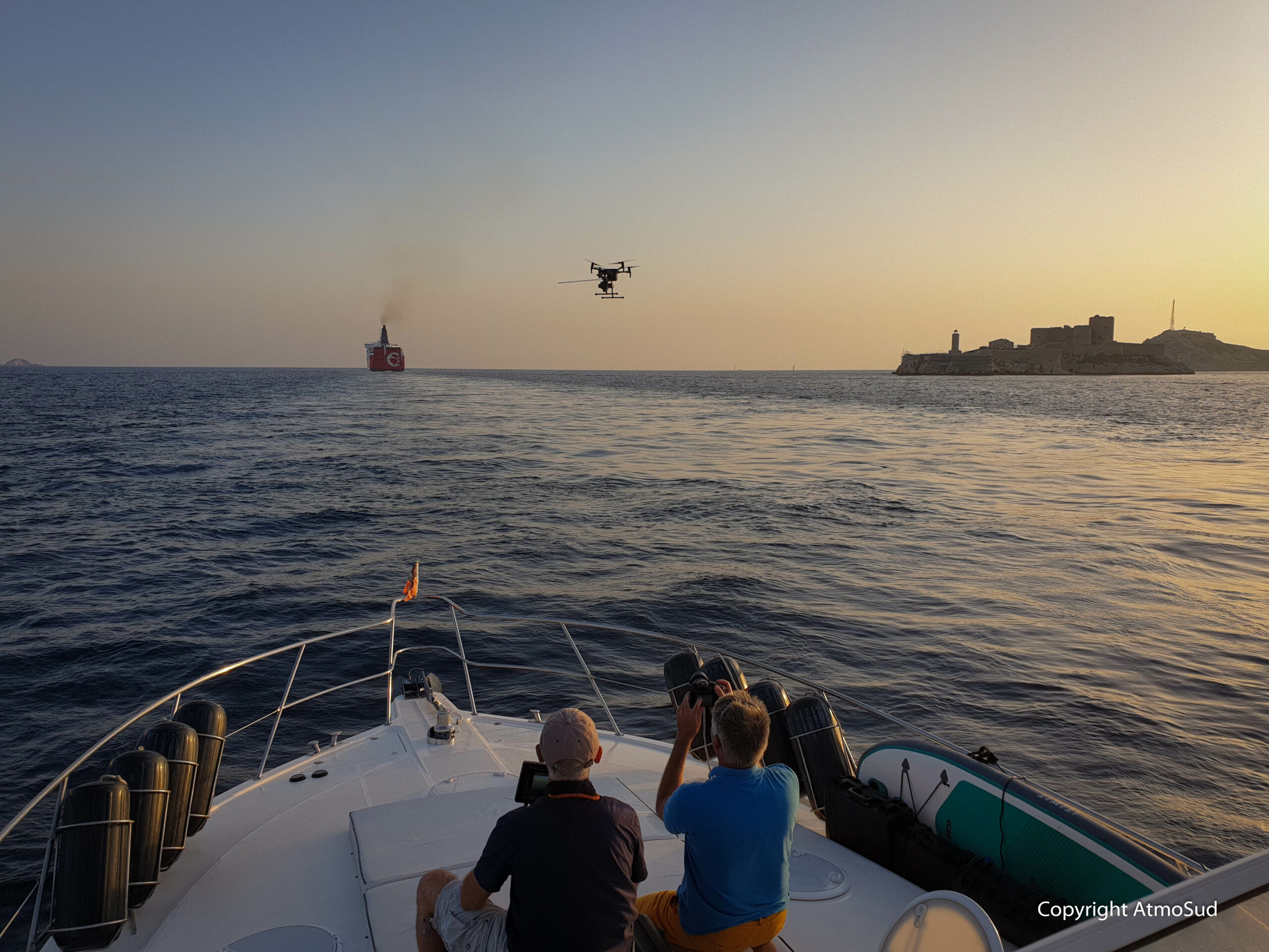 Photo Credit ©AtmoSud - Air-quality drone capturing NOx and PM emission data from a cruise vessel plume - AtmoSud, SCIPPER initiative (2019–23).