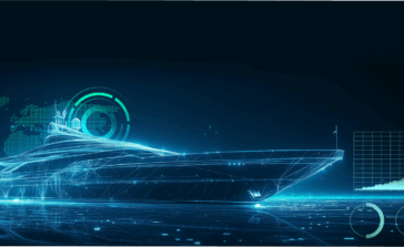 A technical drawing of a yacht imposed on a dark blue background with a light green graph and light green world map in the background.