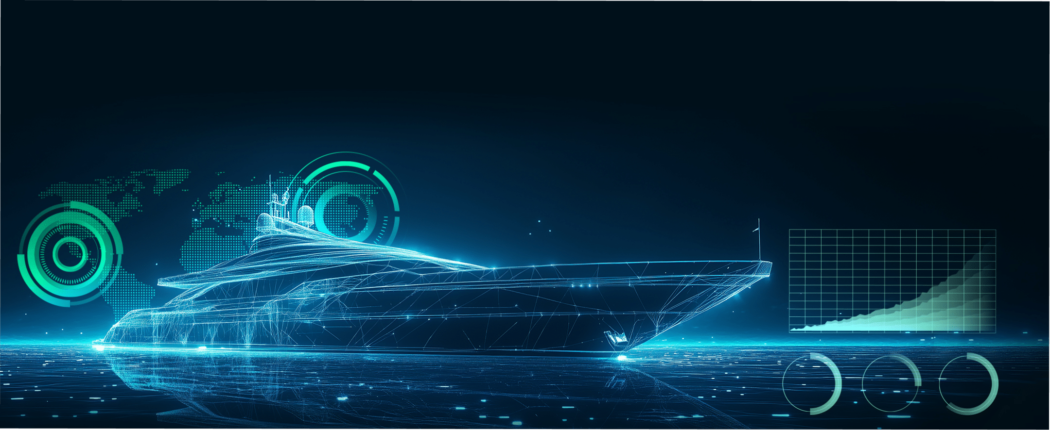 A technical drawing of a yacht imposed on a dark blue background with a light green graph and light green world map in the background.